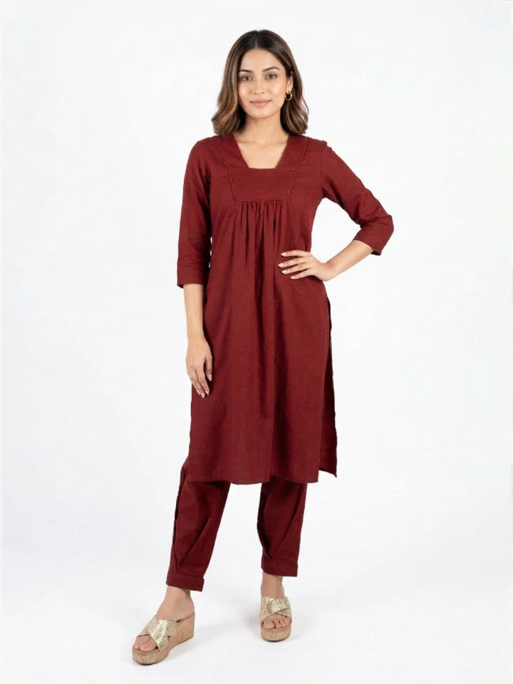 Maroon Square Neck Cotton Kurta