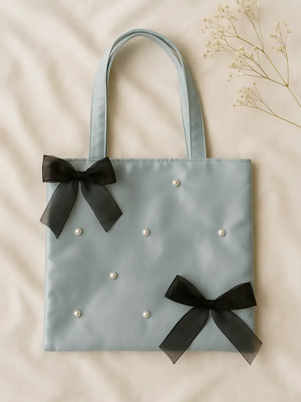 Blue Tote Bag with Pearl and Bow Details