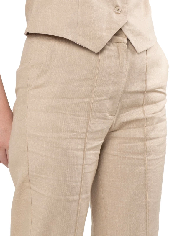 Beige Linen Blend Straight Pants For Women 4
