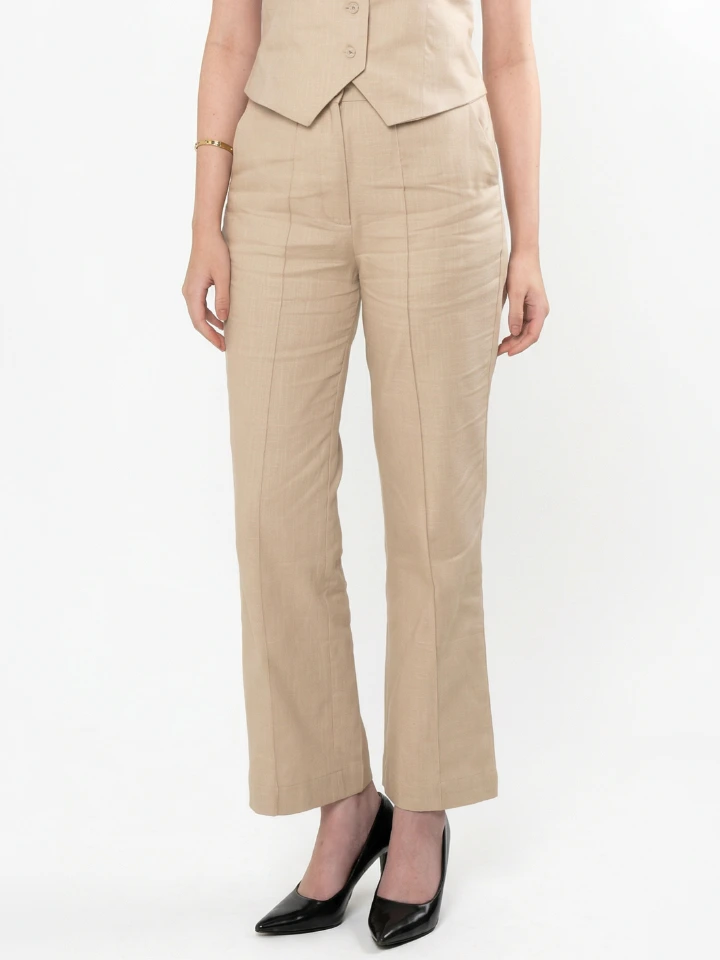 Beige Linen Blend Straight Pants For Women