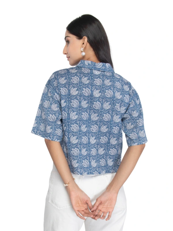 Blue Cotton Floral Crop Shirt With Stand Collar 4