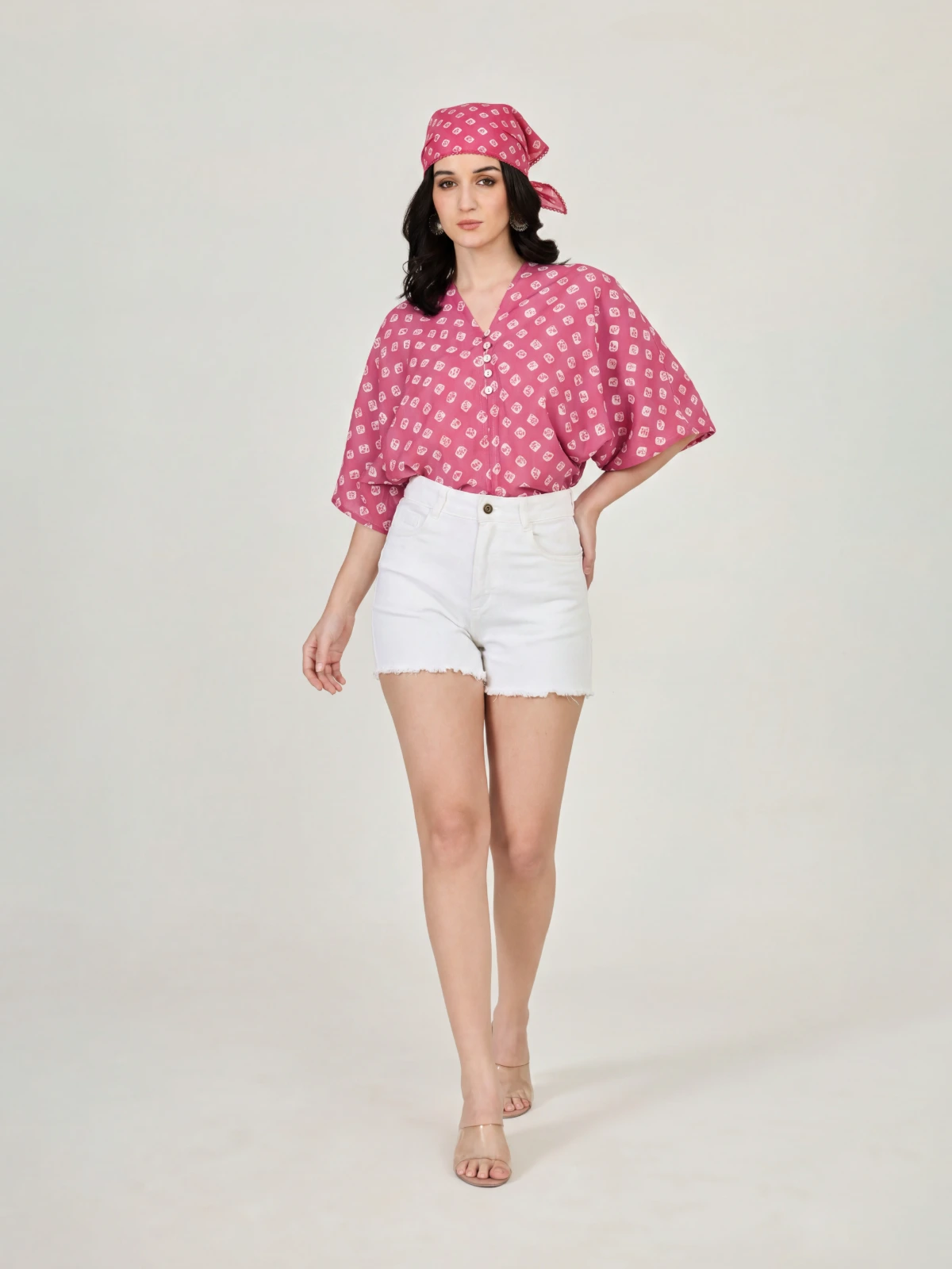 Pink Bandhani Printed Bandana Scarf thumbnail 4