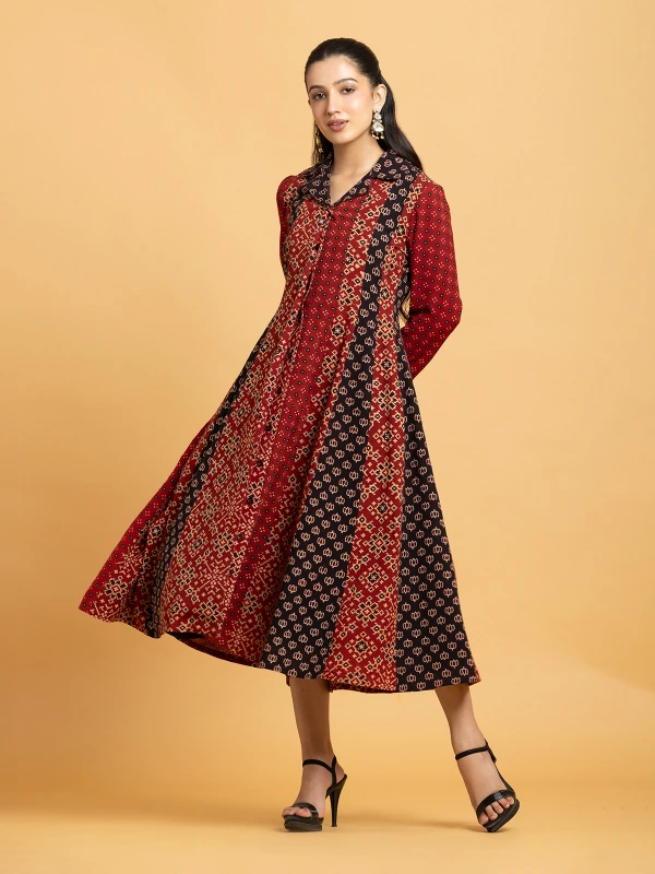 Multi Color Ajrakh Printed A-Line Panel Dress 2