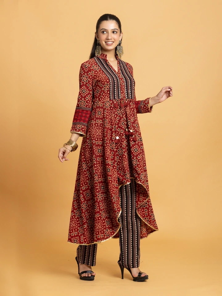 Multicolor Ajrakh Printed High Low Kurta Set