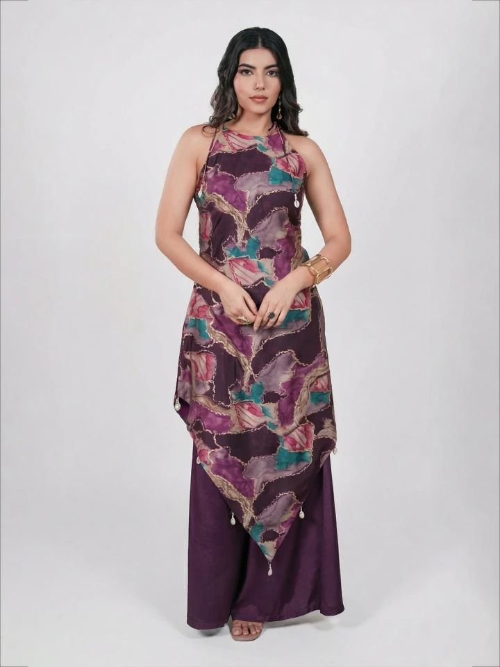 Purple Halter Neck Kurta Set With Foil Print