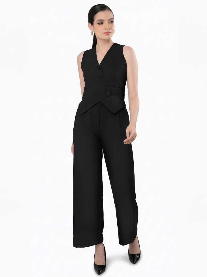 Black Asymmetric Waistcoat With Flared Pant Set t