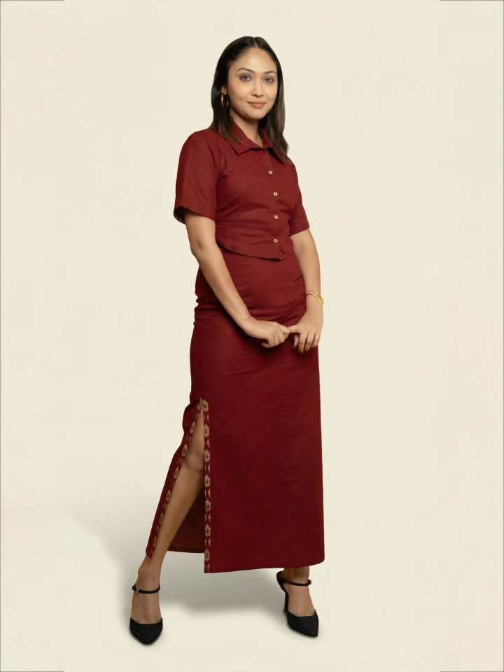 Maroon Shirt and Skirt Cotton Co-ord Set