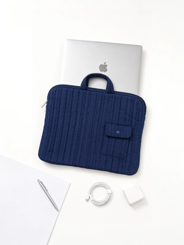 Navy Blue Textured Laptop Sleeve Bag With Utility Pocket for MacBook 3