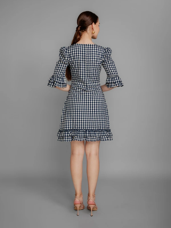 Blue Checked Cotton Formal Dress With Workwear Appeal 3