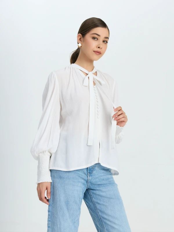 White Full Sleeve Tie Up Top For Women Zlataa 4