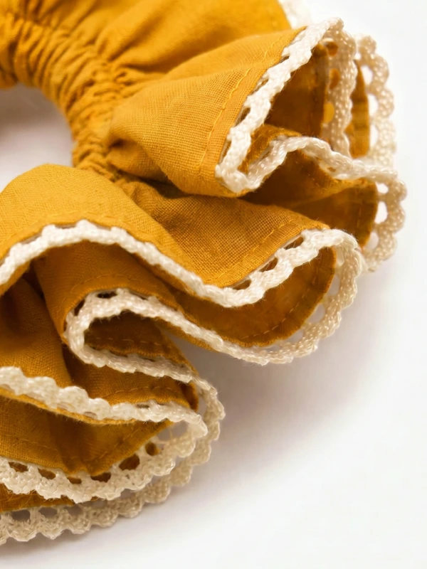 Mustard Yellow Double Layer Scrunchie With Lace Trim 4