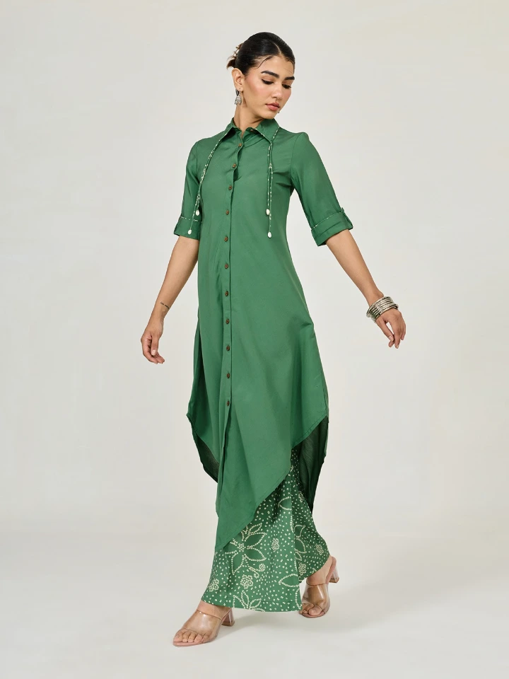 Green Asymmetric Kurta & Palazzo Set