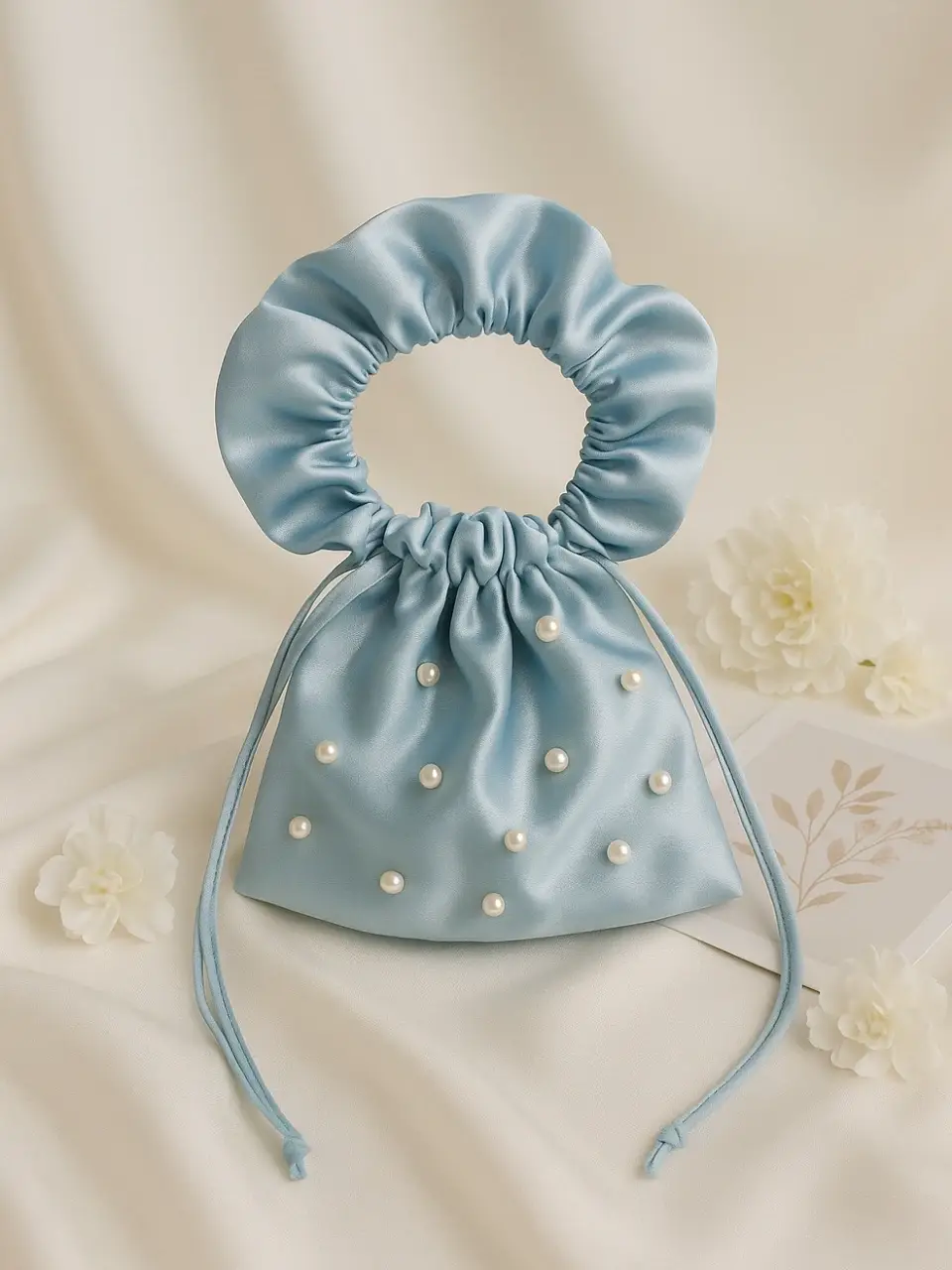 Blue Satin Potli Bag with Pearl Detailing