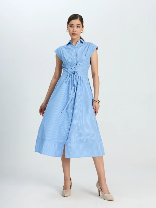 White Striped Dress With Lace-up Corset Waist 1