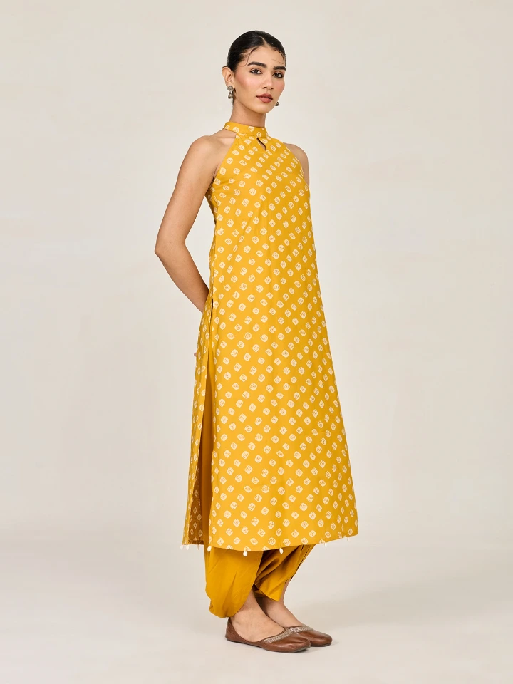 Yellow Bandhani Printed A-line Long Kurta