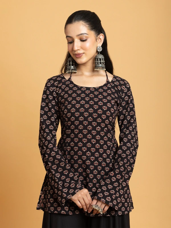 Black Ajrakh Printed Halter Tie-Up Short Kurti 3