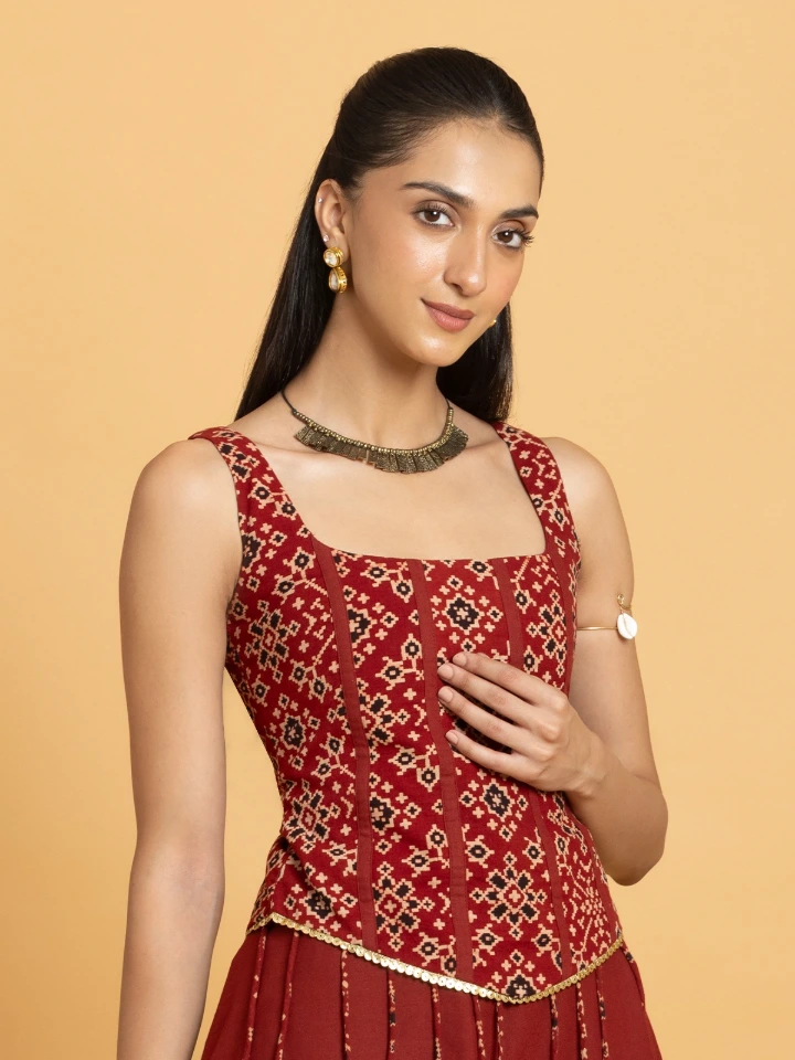 Maroon Ajrakh Printed Corset Crop Top
