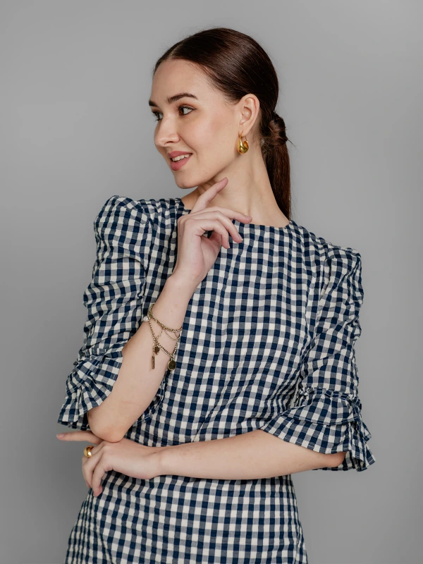 Blue Checked Cotton Formal Dress With Workwear Appeal 6