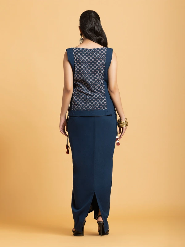 Navy Blue Ajrakh Lotus Print Apron Top & Drape Skirt Ethnic Co-ord Set 5