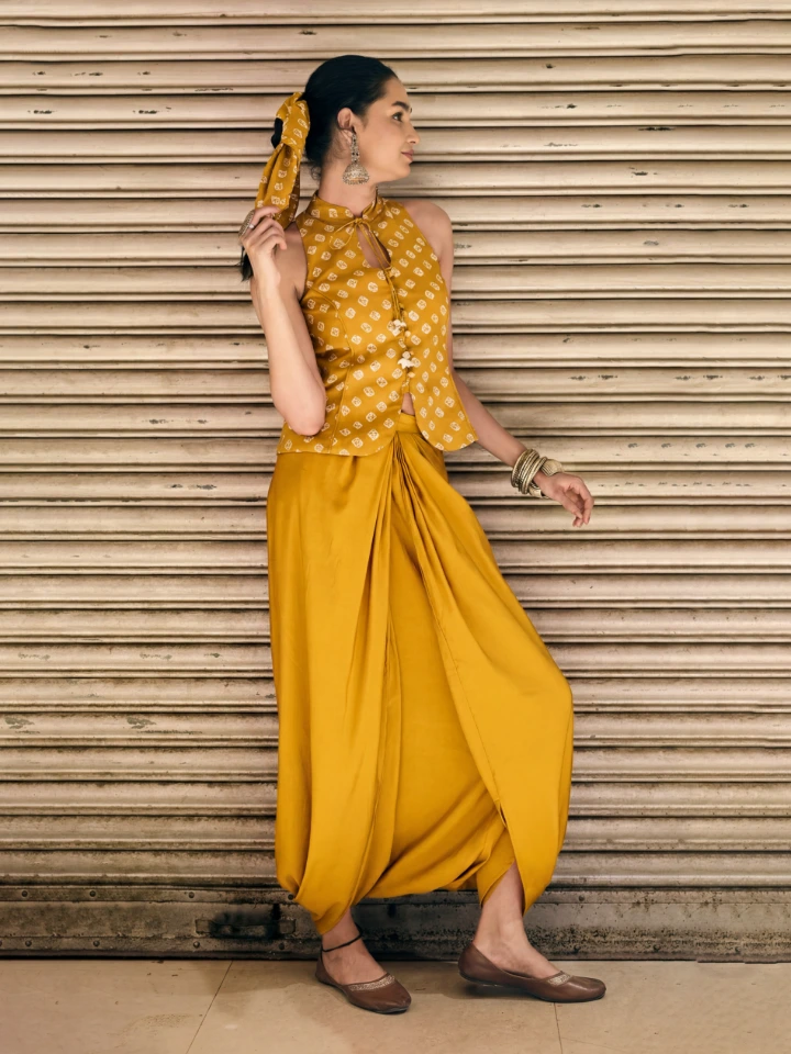 Yellow Bandhani Printed Halter Top & Dhoti Pants Ethnic Co-ord Set