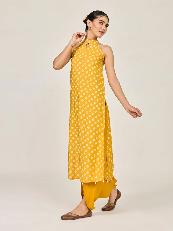 Yellow Bandhani Printed A-line Long Kurta 4