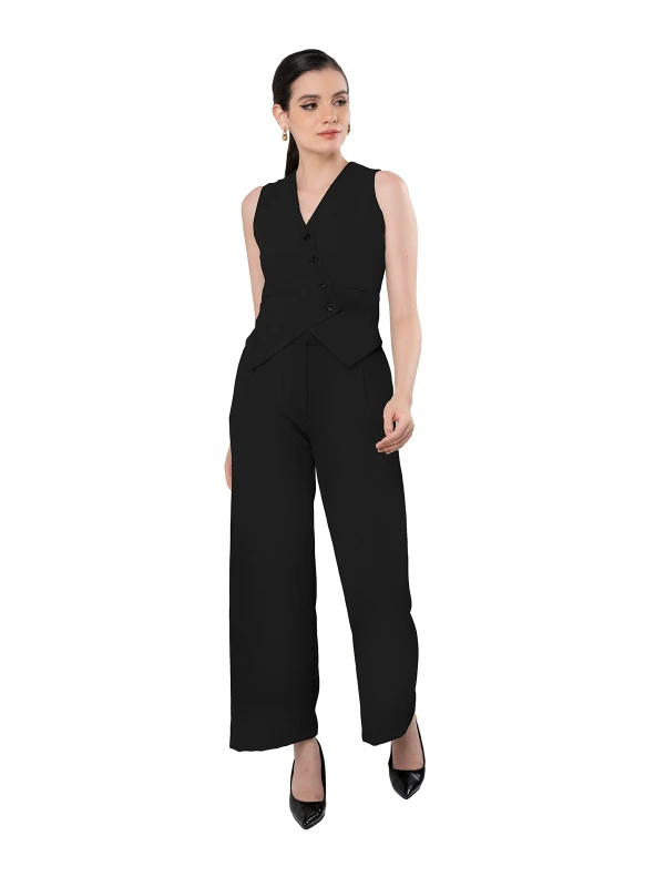 Black Asymmetric Waistcoat With Flared Pant Set t 1