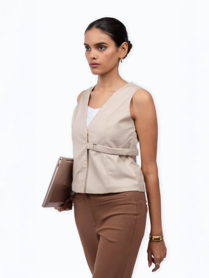 Beige Formal Sleeveless Waistcoat Top With Side Buckles