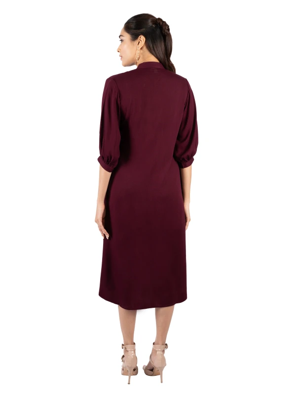 Burgundy Rayon Shirt Dress With Bishop Sleeves 5