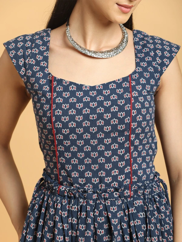 Navy Blue Ajrakh Printed Convertible Fit-and-Flare Dress 3