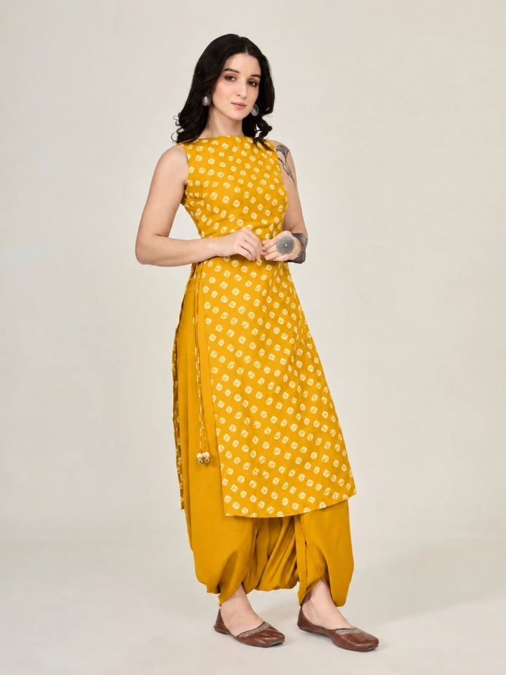 Yellow Bandhani Printed Long Kurta