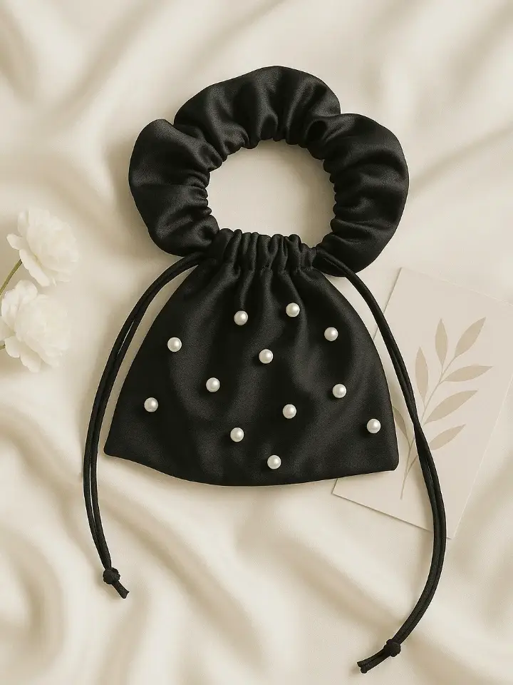Black Satin Potli Bag with Pearl Detailing
