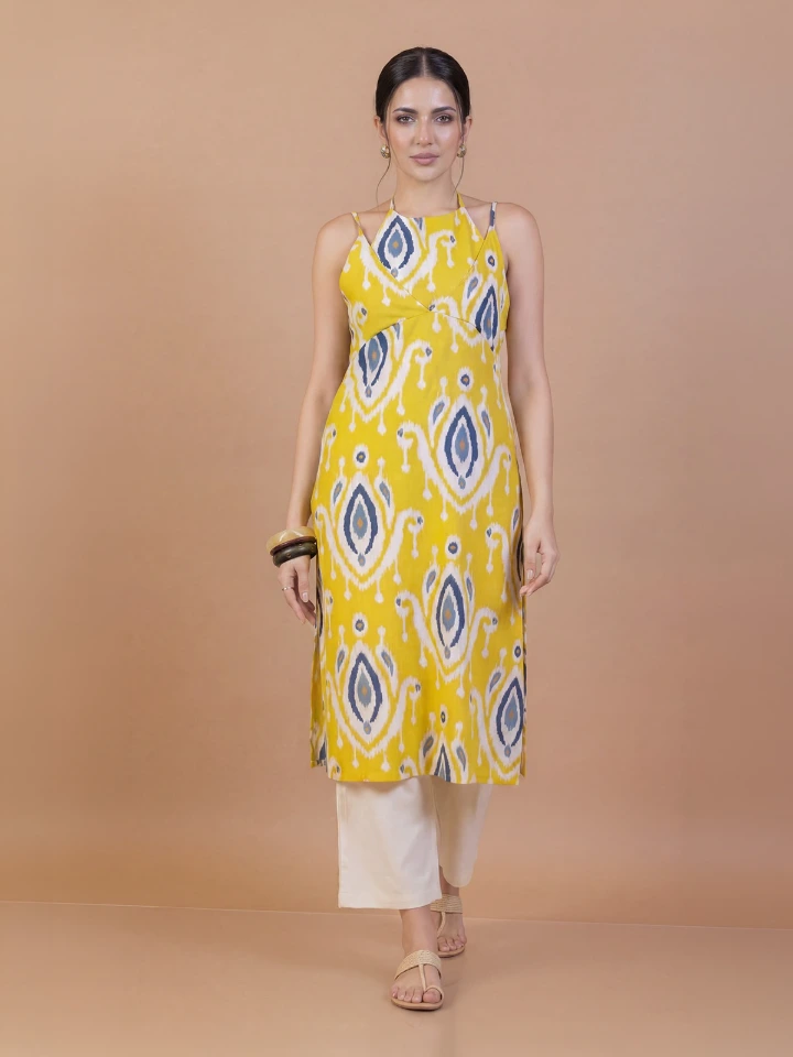 Yellow Ikat apron neck cotton straight kurta
