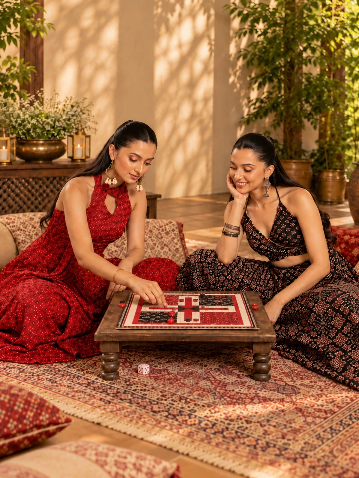 Maroon Colored Ajrakh Printed Fabric Ludo Board Game