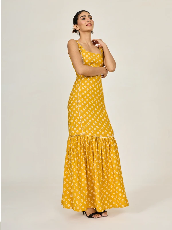 Yellow Bandhani Printed Mermaid Dress 2
