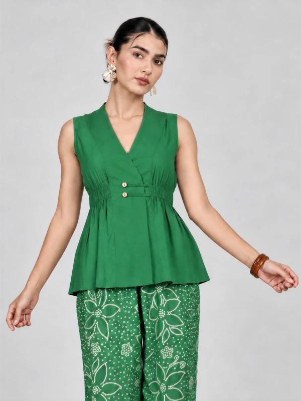 Green Solid Sleeveless Wrap Top 3