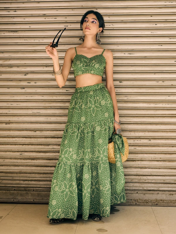 Green Bandhani Printed Tiered Prairie Skirt 2