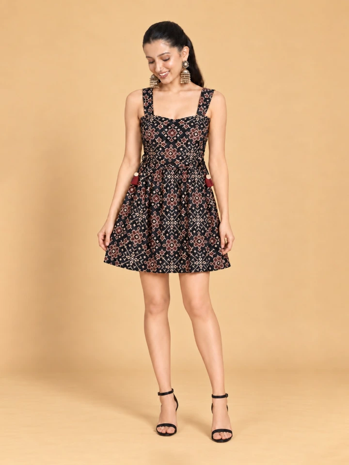 Black Ajrakh Printed Fit-and-Flare Mini Dress