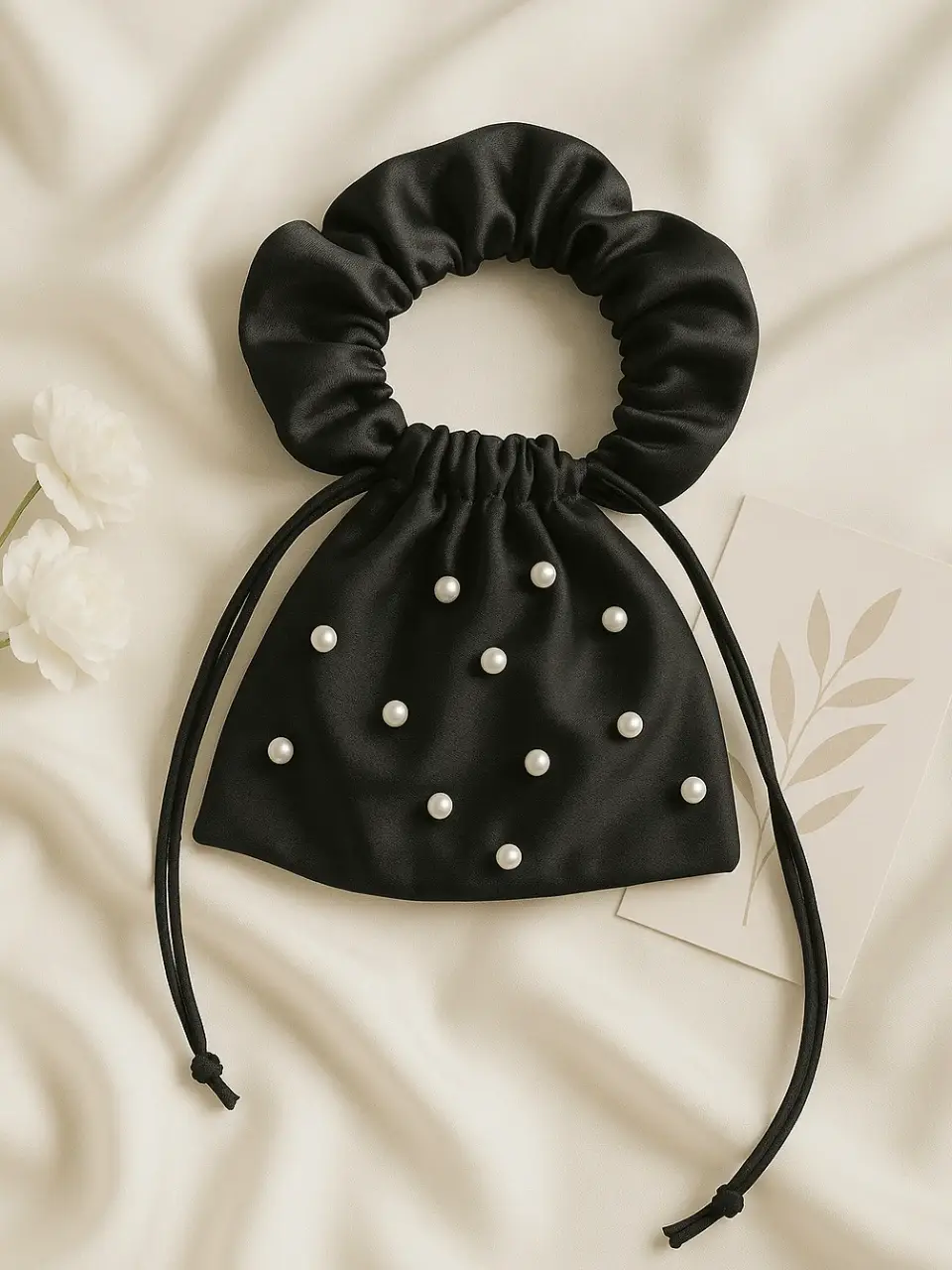 Black Satin Potli Bag with Pearl Detailing