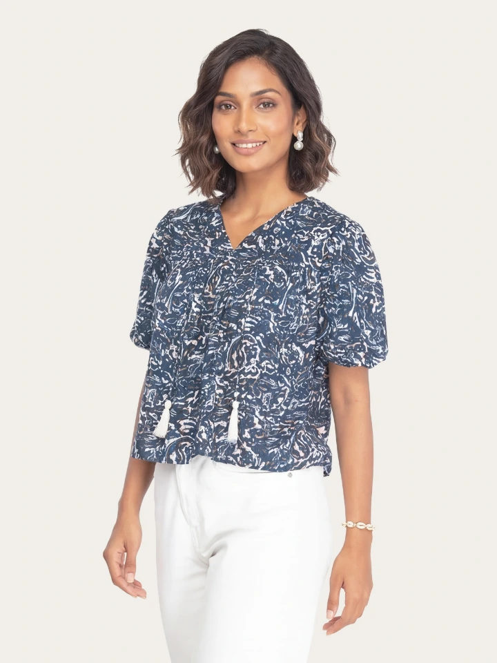 Blue Viscose Tunic Top With Puff Sleeves