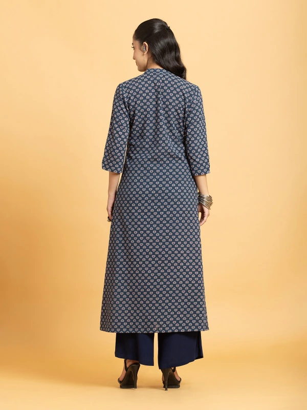 Navy Blue Ajrakh Printed A-Line Kurta With Fabric Frog Knots 6