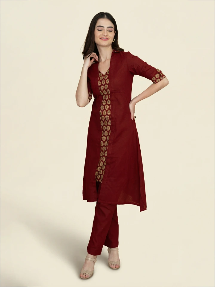 Maroon Printed Cotton A-Line Kurta