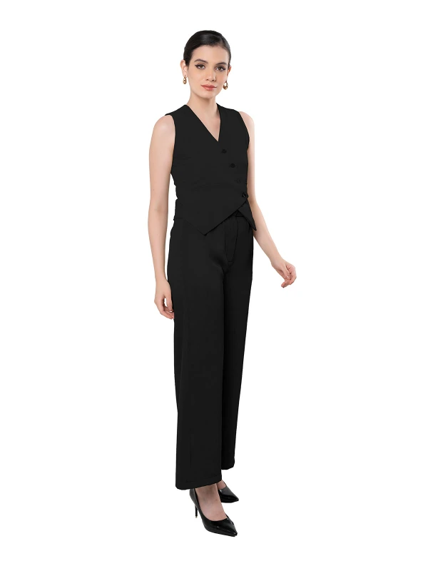 Black Asymmetric Waistcoat With Flared Pant Set t 4