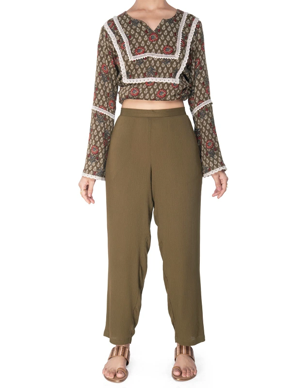 Green Ethnic Viscose Kurta Set With Lace Detail 4