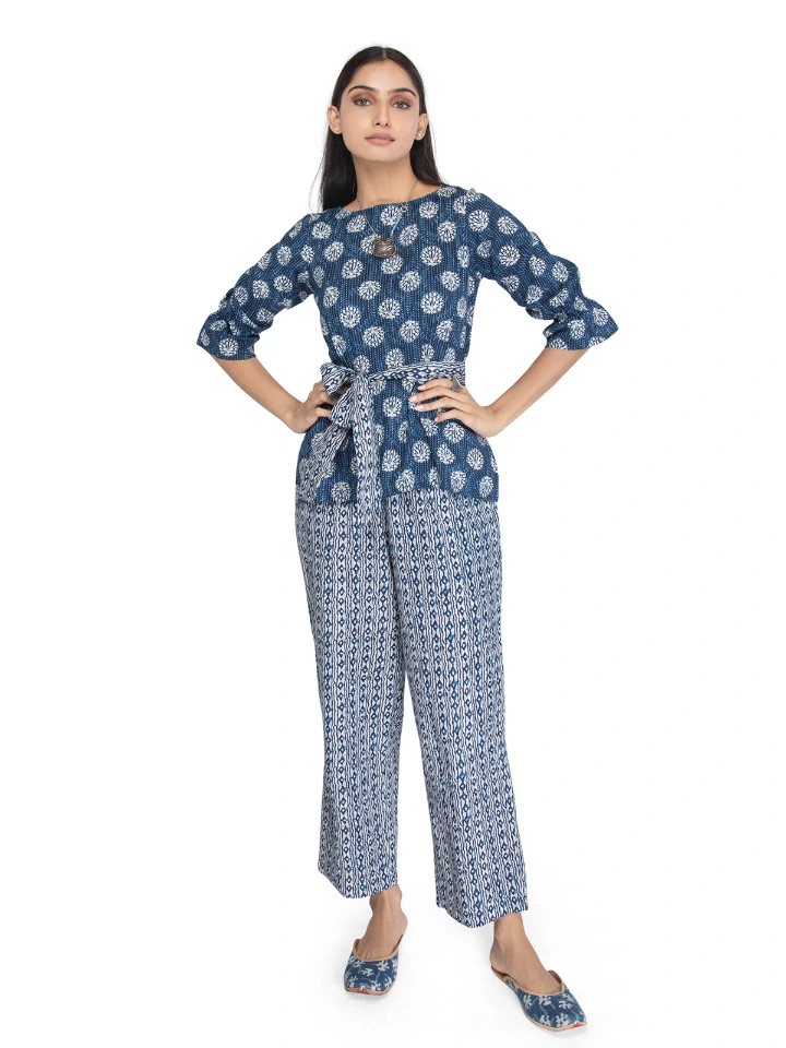 Blue Printed Cotton Co-Ord Set for Women With Belt