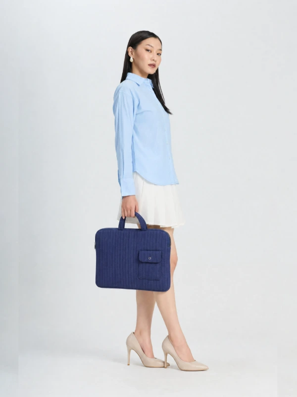 Navy Blue Textured Laptop Sleeve Bag With Utility Pocket for MacBook 2