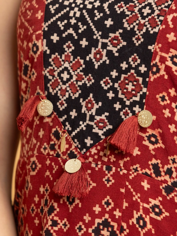 Maroon Ajrakh Printed Fit-and-Flare Maxi Dress 6