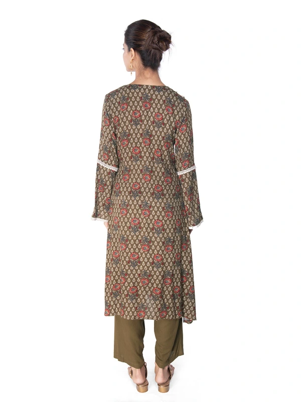 Green Ethnic Viscose Kurta Set With Lace Detail 3