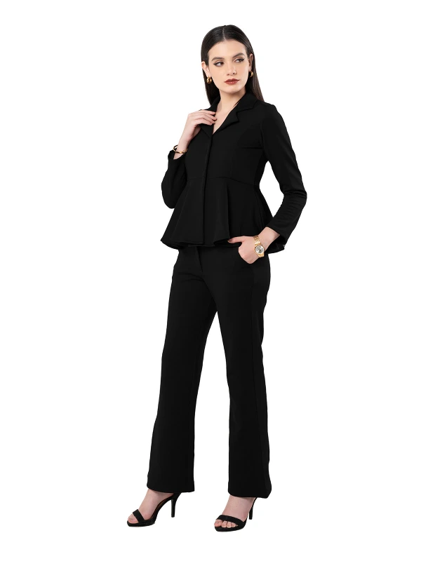 Black Peplum Top And Flared Pant Co-Ord Set 1