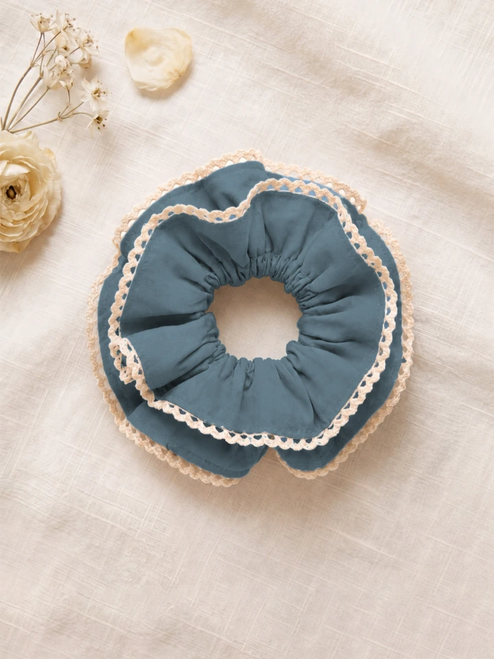 Blue Double Layer Scrunchie With Lace Trim