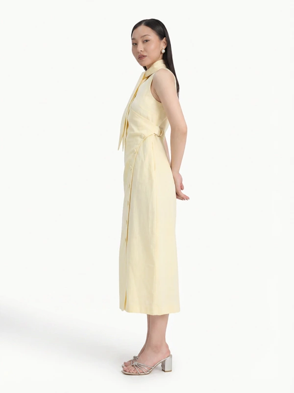 Yellow Straight Fit Formal Dress With Scarf Tie 3